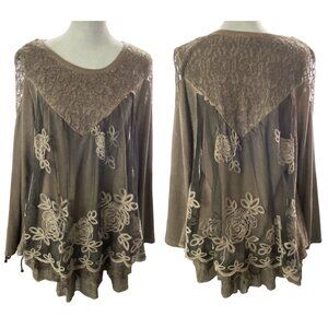 FERATELLI Women Lace Embroidered Blouse Sz M Brown Fairly Pullover Boho 54-10